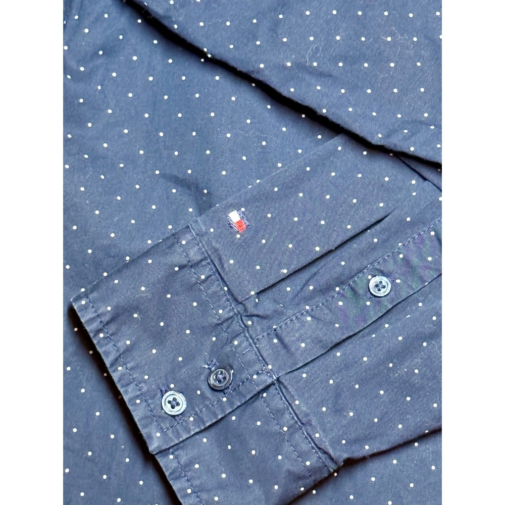 Tommy Hilfiger Navy Blue White Polka Dot Stretch Oxford Button Down Shirt Womens